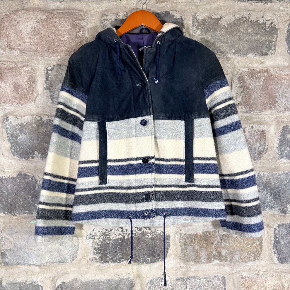 Princeton Coat Striped Wool Suede Hooded Jacket Women Made in Uruguay Size 7/8